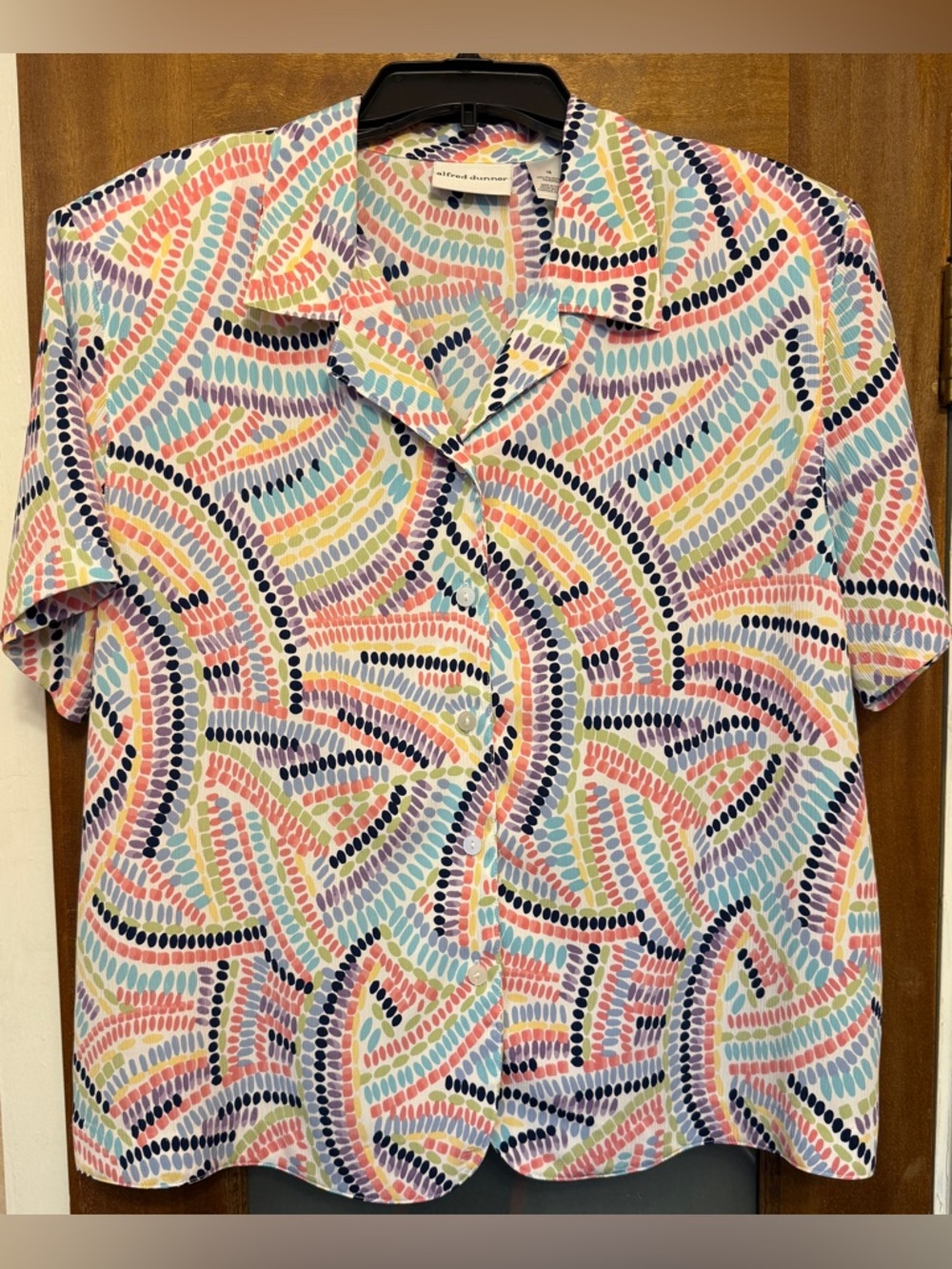 Alfred Dunner Women Plus Geometric Watercolor Button- Short  Sleeve Blouse